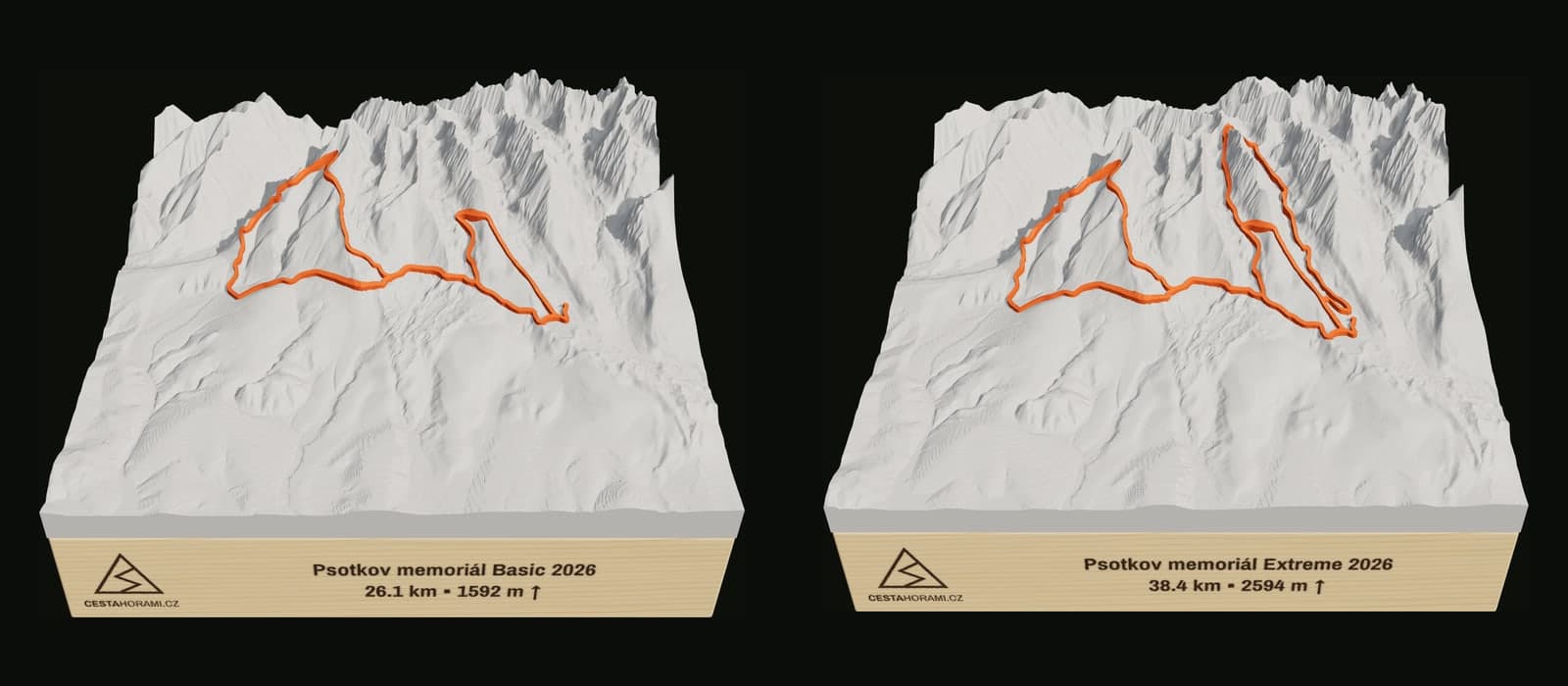 Reliéfy tratí Basic a Extreme Psotkova memoriálu 2026 vedle sebe, povrch Sunrise